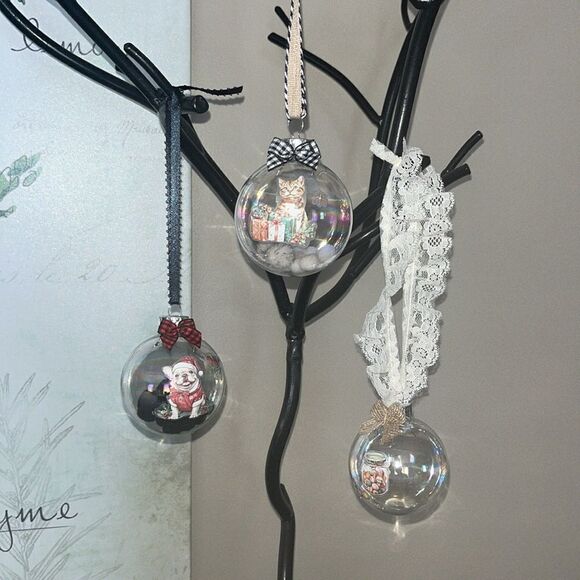 Upcycled Clear Glass Ornaments 3 Different Decor Christmas Balls Dog Cat Candy - Picture 3 of 14